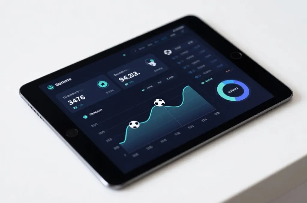 An abstract digital dashboard showing real-time sports statistics, generic line charts and match event icons on a tablet.